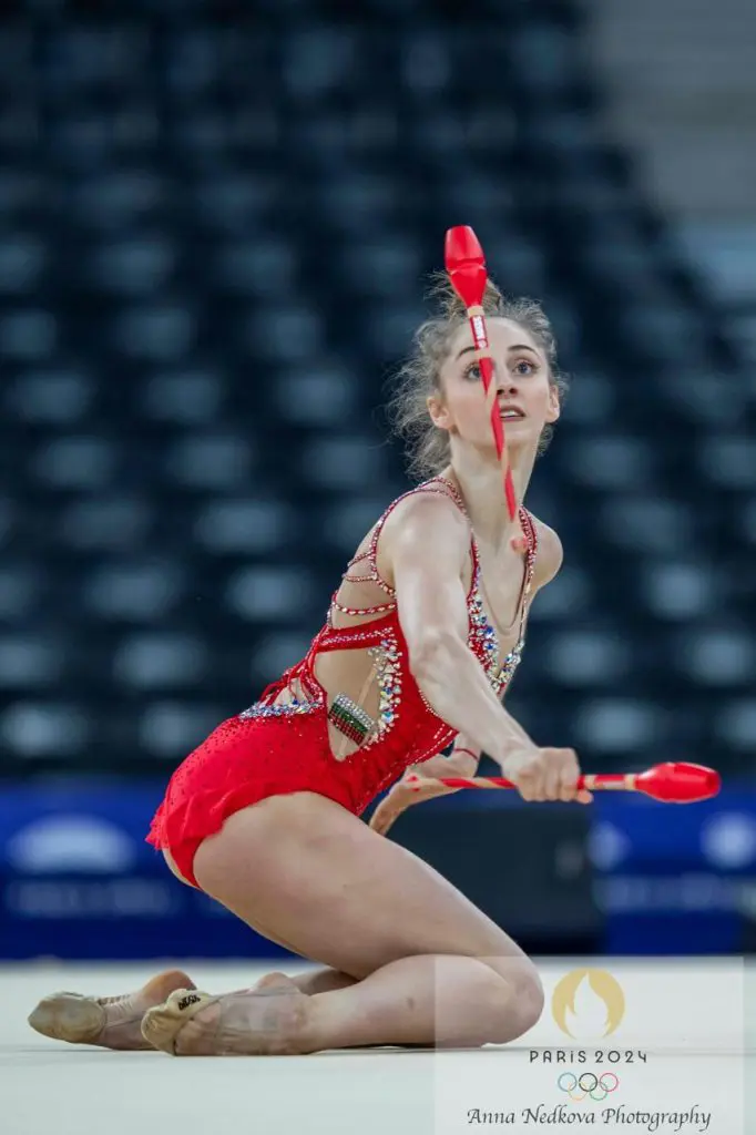 Bulgarian rhythmic gymnast Boryana Kaleyn performs her club routine to the composition “SOS d’un terrien en détresse” sung by Dimash Qudaibergen